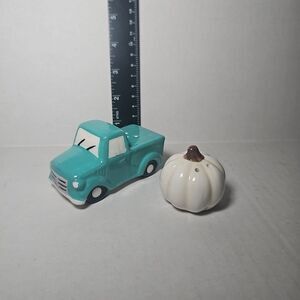 Vintage Styled Teal Farm Truck and Pumpkin Salt & Pepper Shakers